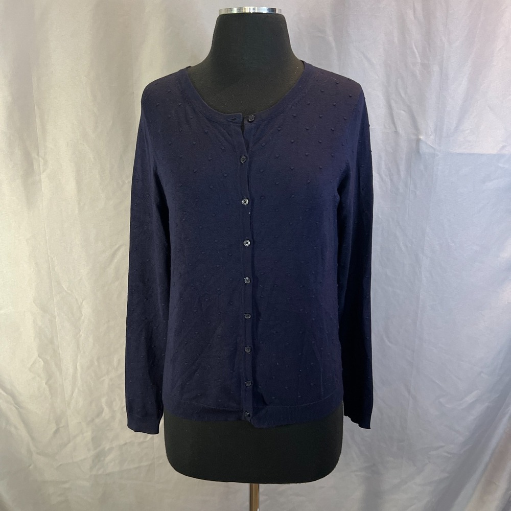Joan Vass Cardigan Sweater Womens Small Navy Blue Rayon Stretch Button Front